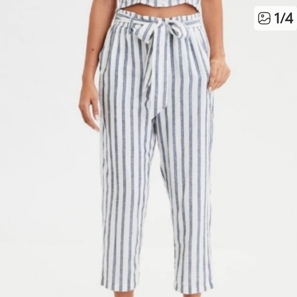 American Eagle Outfitters Pants - American Eagle Striped Linen-Blend Belted Pants Size M